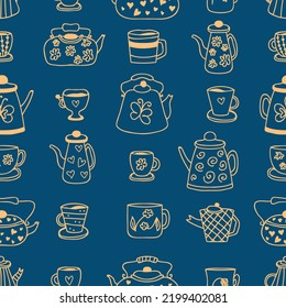 Doodle teapot, cups and mugs cozy seamless pattern. Perfect print for tea towel, dishcloth, stationery, textile and fabric. Hand drawn vector illustration for decor and design.




