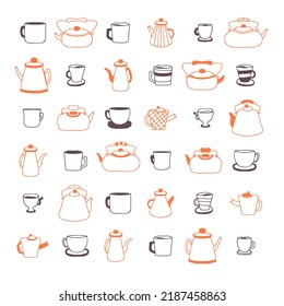 Doodle teapot, cups and mugs simple collection. Perfect for kitchen towel, dishcloth, stationery, poster and print. Hand drawn retro vector illustration isolated on white background.
