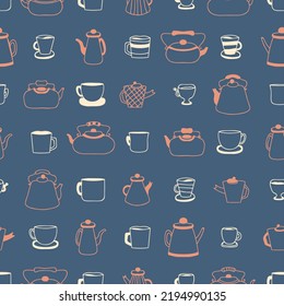 Doodle teapot, cups and mugs simple seamless pattern. Perfect print for kitchen towel, dishcloth, stationery, textile and fabric. Hand drawn retro vector illustration for decor and design.

