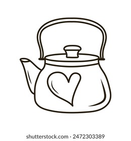 Doodle teapot with heart. Outline hand drawn icon for coffee and bakery cafe.