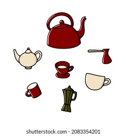 Doodle teapot set. Hand-drawn color Kettle, cup, moka, turka on white background. Cozy kitchen utensils, kitchenware, dishes for tea, coffee break, drinks. Breakfast, five o'clock symbol. Vector sign