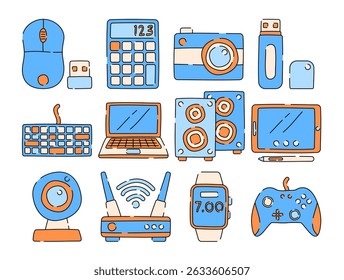 Doodle tech device icons including laptop, router, camera, keyboard, and more. Great for digital projects, tech infographics, UI, and web design.