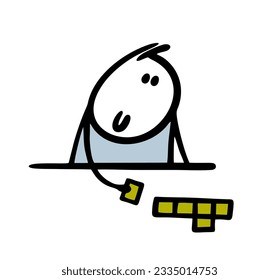 Doodle teenager is sitting at a table and playing a board game with friends. Vector illustration cartoon stickman lays out cards according to strategy. Funny person isolated on white background.