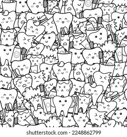 Doodle teeth black and white seamless pattern. Cute dental characters coloring page. Line art print for coloring book. Vector illustration