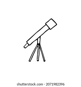 Doodle telescope image. Outline scope isolated on white background. Optical device for space exploration. Astoronamic instrument, scientific discovery, star view sign. Vector spyglass illustration