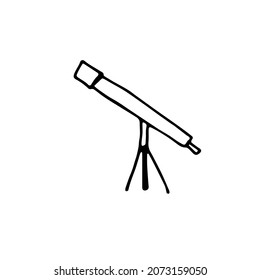 Doodle telescope image. Outline scope isolated on white background. Optical device for space exploration. Astoronamic instrument, scientific discovery, star view sign. Vector spyglass illustration