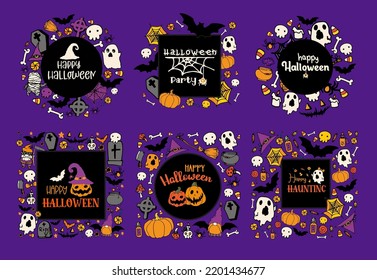 Doodle template halloween color, great design for any purposes. A set of frames for Halloween. Vector collection of templates from ghosts, candies, pumpkins, purple black with a place for text 