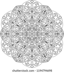 Doodle template mandala for decorating of poster, banner, greeting cards, covers, prints, clothing textile. Round vector ornament. Abstract pattern in circle. Coloring anti stress book page.