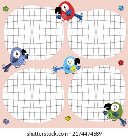 Doodle Template Notes List With Distorted Grid And Macaw Parrots. Business, Education Panner Concept For Paper, Stationery. Hand Drawn Vector Illustration For Decor And Design.
