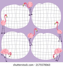 Doodle Template Notes List With Distorted Grid And Pink Flamingo. Business, Education Panner Concept For Paper, Stationery. Hand Drawn Vector Illustration For Decor And Design.
