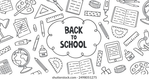 Doodle template with school and student supplies. Knowledge Day, back to school