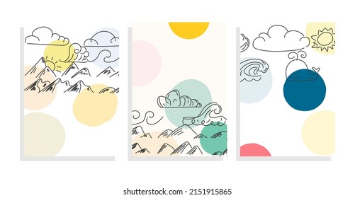 doodle template vector set with whale,wave,mountains,clowds