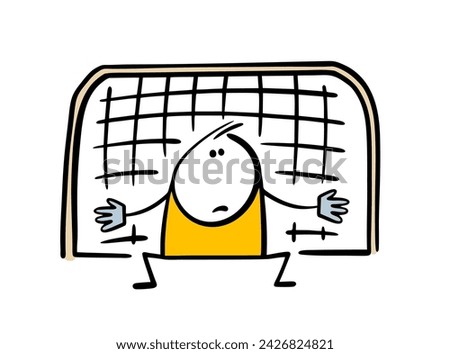 Doodle tense goalkeeper, crouched down, spread his gloved hands and catches ball. Vector illustration of cartoon football player defending team gates. Isolated sport caricature on white background.