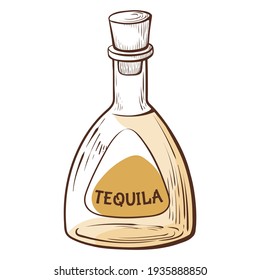 Doodle tequila bottle with cap full of alcohol beverage vector illustration. Vintage glass vessel with liquid hard alcoholic drink isolated on white. Transparent retro container sign for bar pub menu