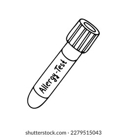 Doodle del tubo de ensayo con prueba de alergia. Ilustración vectorial de equipos químicos de laboratorio aislados en el fondo blanco. Elemento de diseño para clínicas, hospitales, farmacias, laboratorio químico.