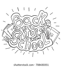 Doodle text back to school with various school supplies. Vector black and white element for stickers, coloring, cards and your creativity