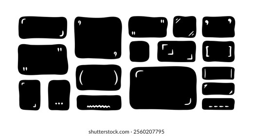 Doodle text box. Hand drawn bubble shapes and frames for social media. Text shape, organic child free form. Abstract black square speech blobs for dialog. Simple set for bullet journal with