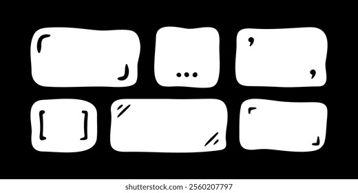 Doodle text box. Hand drawn bubble shapes and frames for social media. Text shape, organic child free form. Abstract square speech blobs for dialog on black background. Simple set for bullet journal