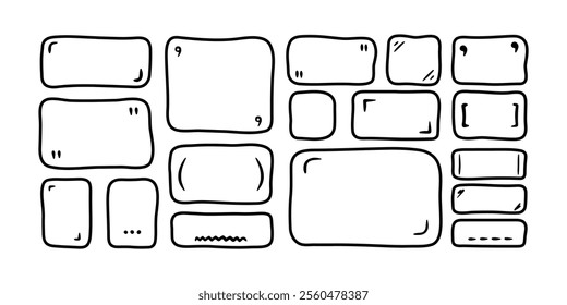 Doodle text box. Hand drawn line bubble shapes and frames for social media. Text shape, organic child free form. Abstract black square speech blobs for dialog. Simple set for bullet journal with