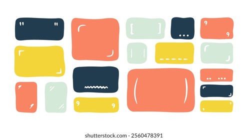 Doodle text box. Hand drawn bubble shapes and frames for social media. Kids color text shape. Organic child free form. Abstract square speech blobs for dialog. Simple set for bullet journal with