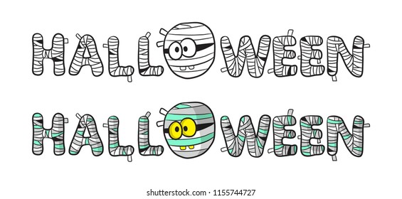 doodle text halloween, mummy character, typography