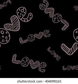 Doodle text Love seamless texture, vector image of the heart in pink with white outline on a black background.