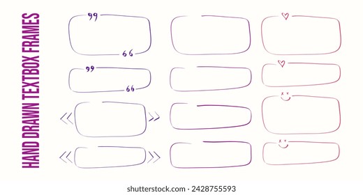 Doodle textbox frames set. Hand drawn color line rectangle selection with heart, smile, quotes elements. Empty text box scribble vector illustration.