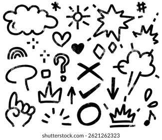 Doodle textura de tinta y líneas de pincel, corazones, estrellas y otros iconos Vector dibujado a mano simple lindo conjunto
