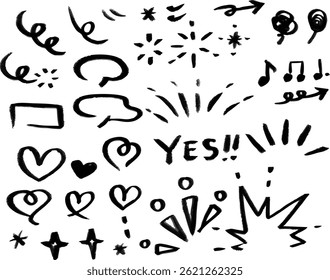 Doodle texture ink and brush lines, hearts, stars and other icons vector hand drawn simple cute set