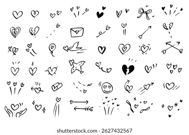 Doodle Textur Tinte und Pinselstriche - Comic-Symbole, Vektorgrafik, handgezeichnet, einfache Menge verschiedener Herzausdrücke