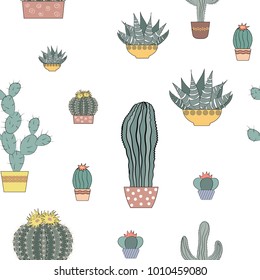 Doodle textured cactuses. Seamless pattern. Vector