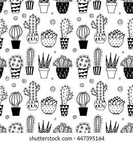 Doodle textured cactuses. Seamless pattern.