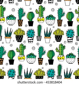 Doodle textured cactuses. Seamless pattern.