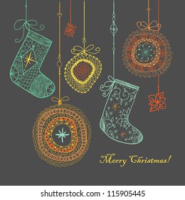 Doodle textured Christmas baubles and socks background.