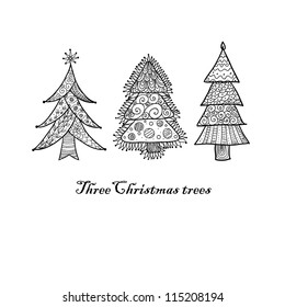 Doodle textured Christmas trees-baubles background.