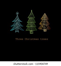 Doodle textured Christmas trees-baubles background.
