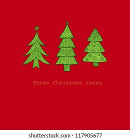 Doodle textured Christmas trees-baubles background.