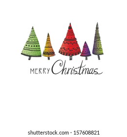 Doodle textured Christmas trees-baubles background.