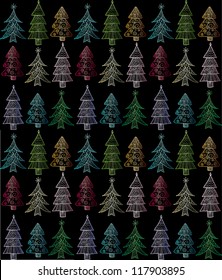 Doodle textured Christmas trees-baubles seamless pattern.