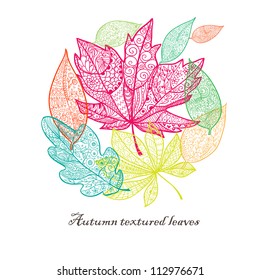 Doodle textured colorful leaves background.