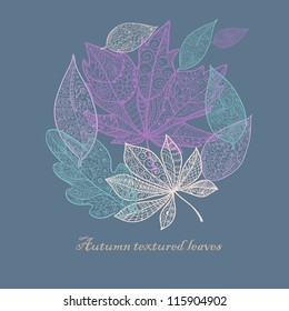 Doodle textured colorful leaves background.
