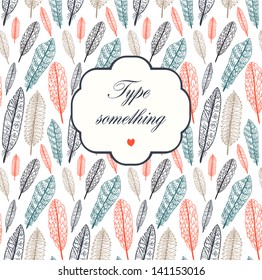 Doodle textured feathers background with a frame.