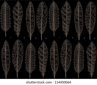 Doodle textured feathers seamless pattern.