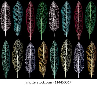 Doodle textured feathers seamless pattern.