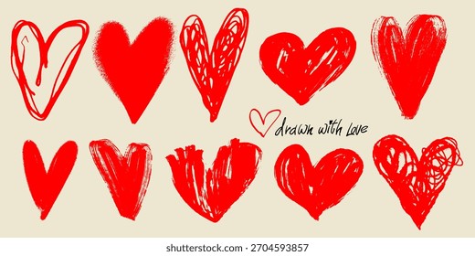 Doodle corazón texturizado con crayón áspero y líneas de boceto. Corazones grunge de moda para el día de San Valentín, obras de arte románticas, diseño de impresión, pegatinas y divertidos gráficos de amor. Ilustración vectorial.