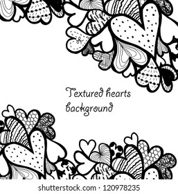 Doodle textured hearts background.
