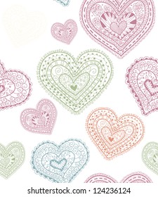 Doodle textured hearts seamless pattern.