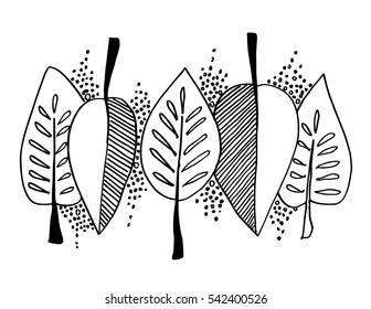 Doodle  textured leaf background. Hand drawing illustration black and white