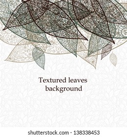 Doodle textured leaves background.