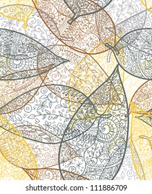 Doodle textured leaves seamless pattern.